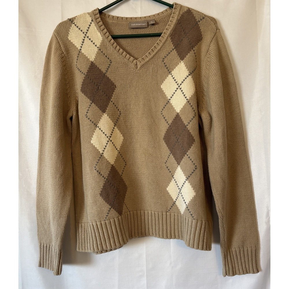 Women's Vintage Croft & Barrow Tan Argyle Knit Sweater Size XL Preppy Academia